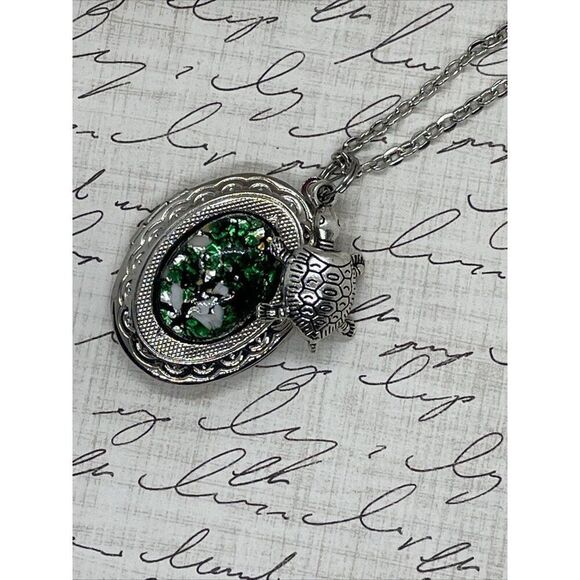 Green Turtle Opal Silver Nautical Beach Mermaid Photo Locket Necklace Valentines - Picture 8 of 16